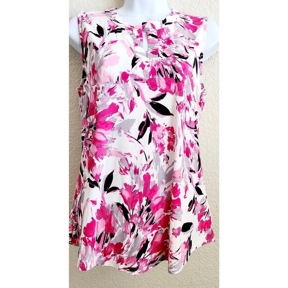 Kasper Pink White Black Floral Print Keyhole Neck Top Small Lightweight Soft - Picture 1 of 6